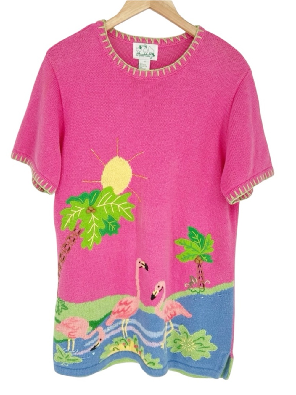 Vintage Quacker Factory Pink‎ Short-Sleeve Sweater Flamingoes w/Palm Trees Small